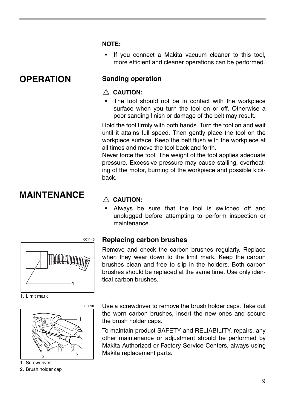 Operation, Maintenance | Makita 9911 User Manual | Page 9 / 16