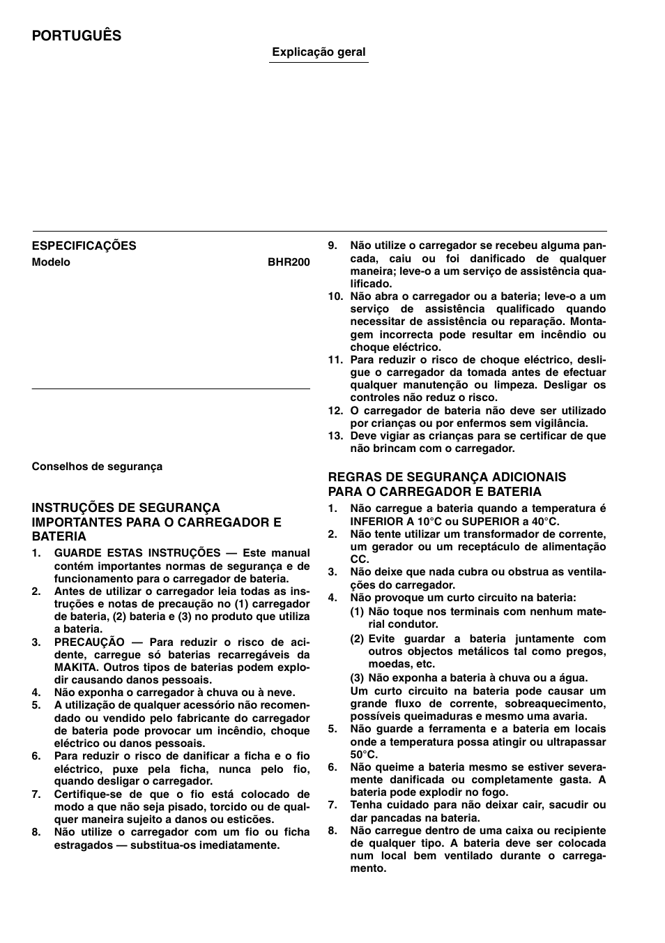 Português | Makita BHR200 User Manual | Page 36 / 76