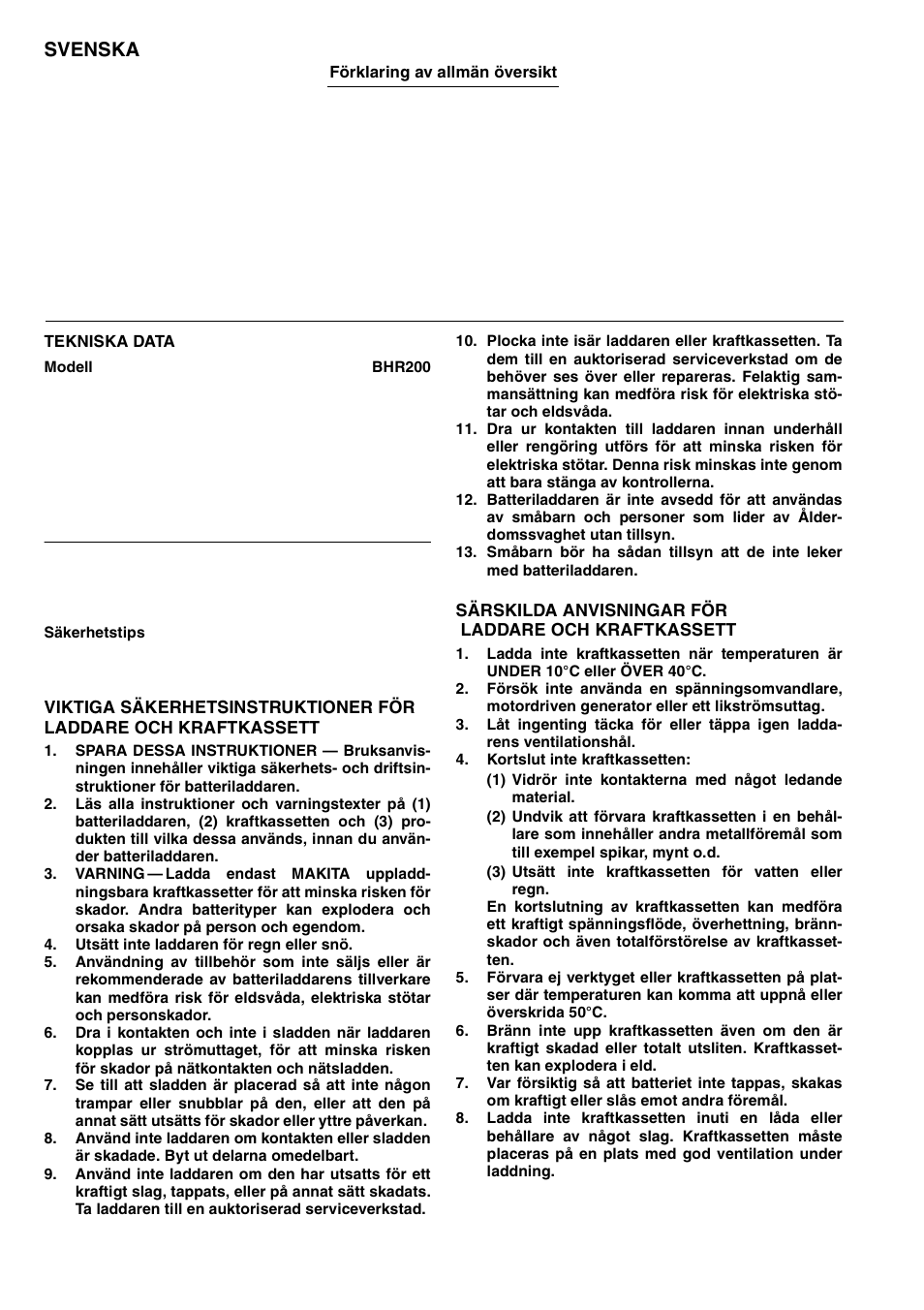 Svenska | Makita BHR200 User Manual | Page 46 / 76