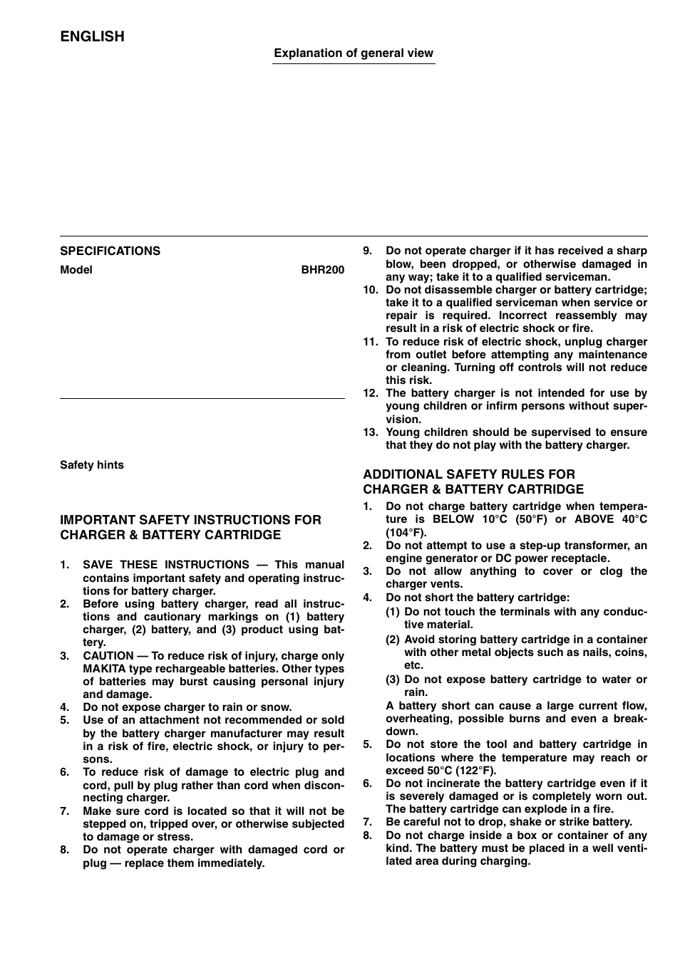 English | Makita BHR200 User Manual | Page 5 / 76