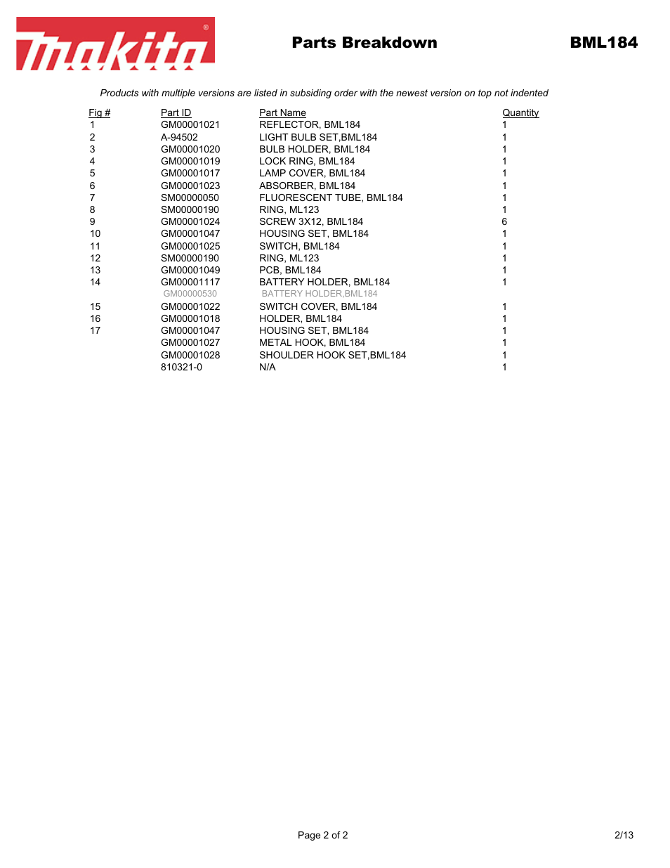 Parts breakdown bml184 | Makita BML18 User Manual | Page 2 / 2