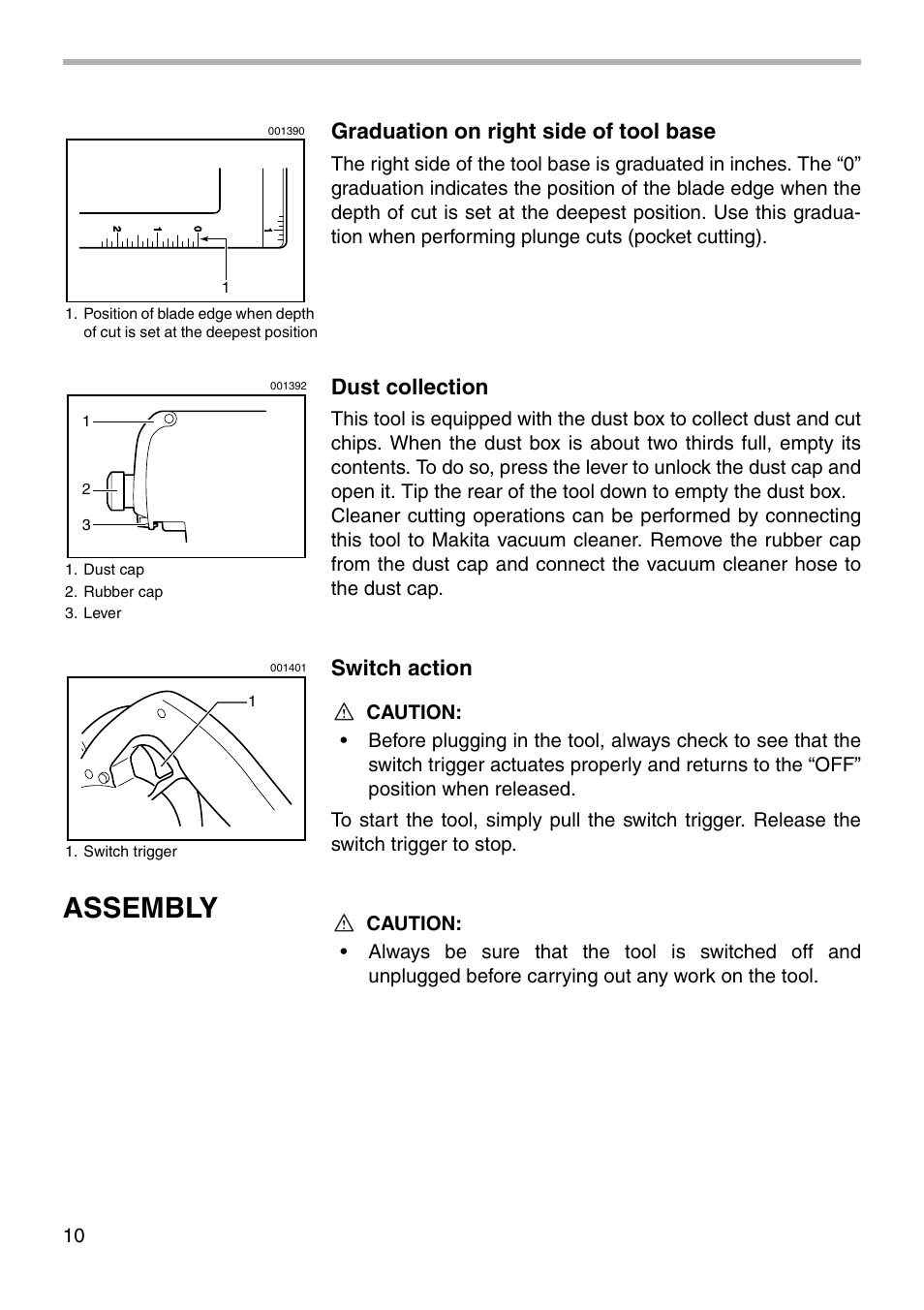 Assembly, Graduation on right side of tool base, Dust collection | Switch action | Makita 5057KB User Manual | Page 10 / 20