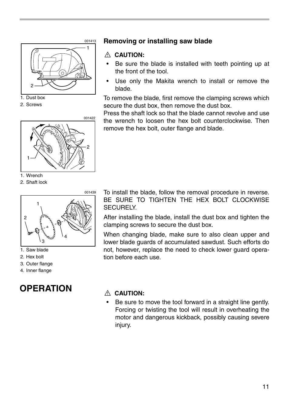 Operation, Removing or installing saw blade | Makita 5057KB User Manual | Page 11 / 20