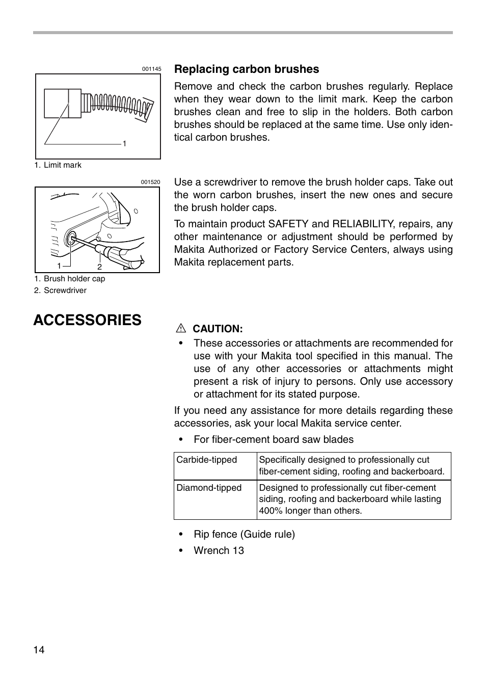 Accessories, Replacing carbon brushes | Makita 5057KB User Manual | Page 14 / 20