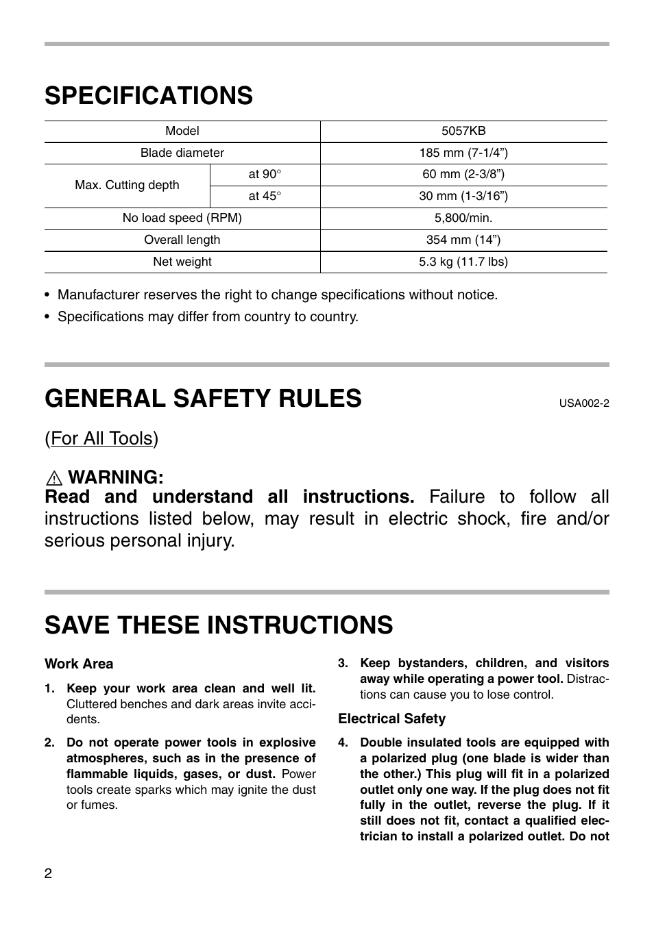 Specifications, General safety rules, Save these instructions | Makita 5057KB User Manual | Page 2 / 20