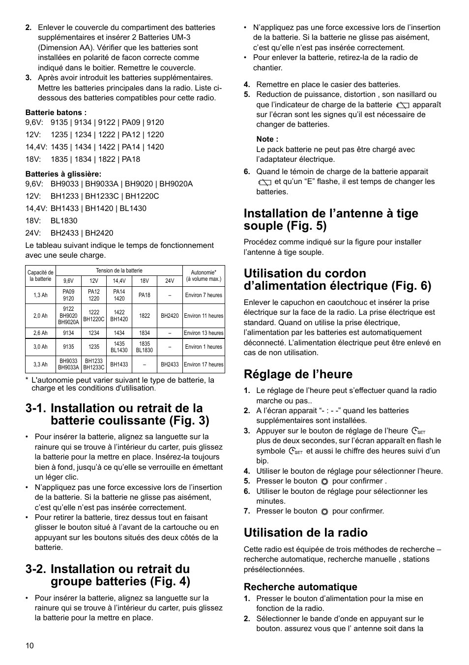 Installation de l’antenne à tige souple (fig. 5), Réglage de l’heure, Utilisation de la radio | Recherche automatique | Makita BMR100 User Manual | Page 10 / 20