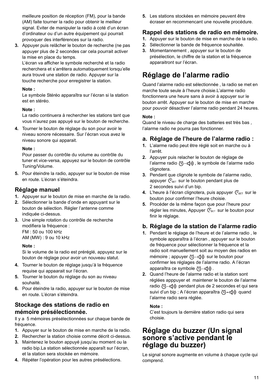 Réglage de l’alarme radio, Réglage manuel, Rappel des stations de radio en mémoire | A. réglage de l’heure de l’alarme radio, B. réglage de la station de l’alarme radio | Makita BMR100 User Manual | Page 11 / 20