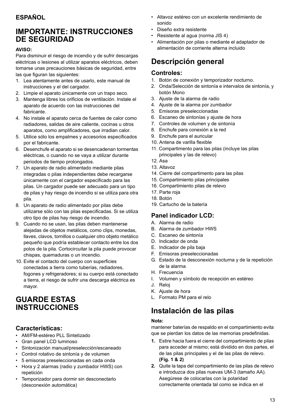 Importante: instrucciones de seguridad, Guarde estas instrucciones, Descripción general | Instalación de las pilas, Español, Características, Controles, Panel indicador lcd | Makita BMR100 User Manual | Page 13 / 20