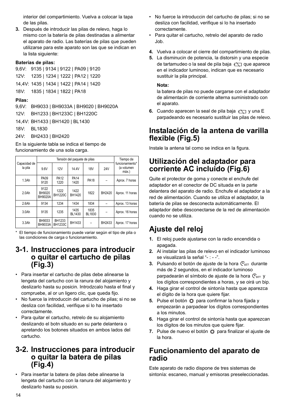 Ajuste del reloj, Funcionamiento del aparato de radio | Makita BMR100 User Manual | Page 14 / 20