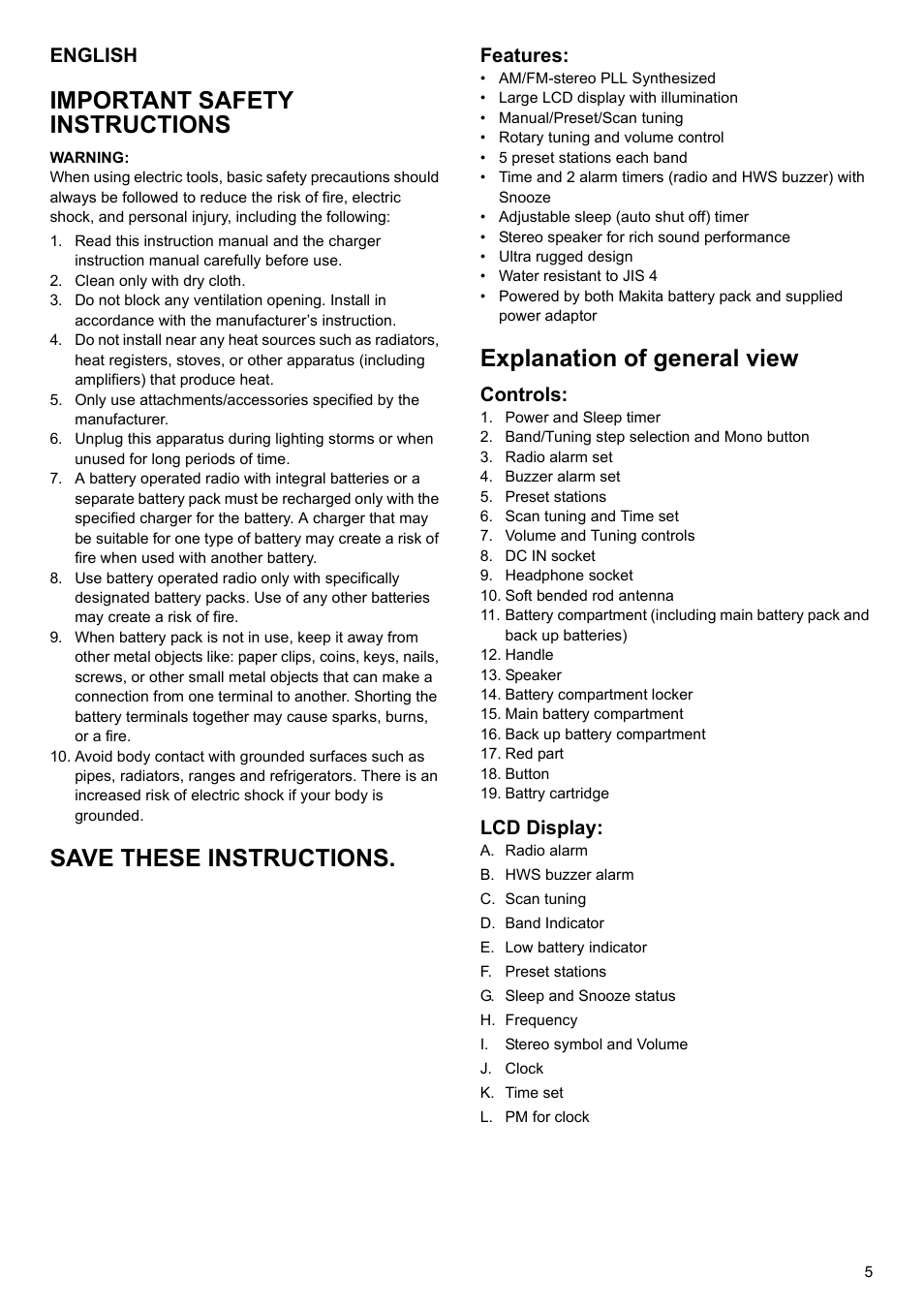 Important safety instructions, Save these instructions, Explanation of general view | Makita BMR100 User Manual | Page 5 / 20