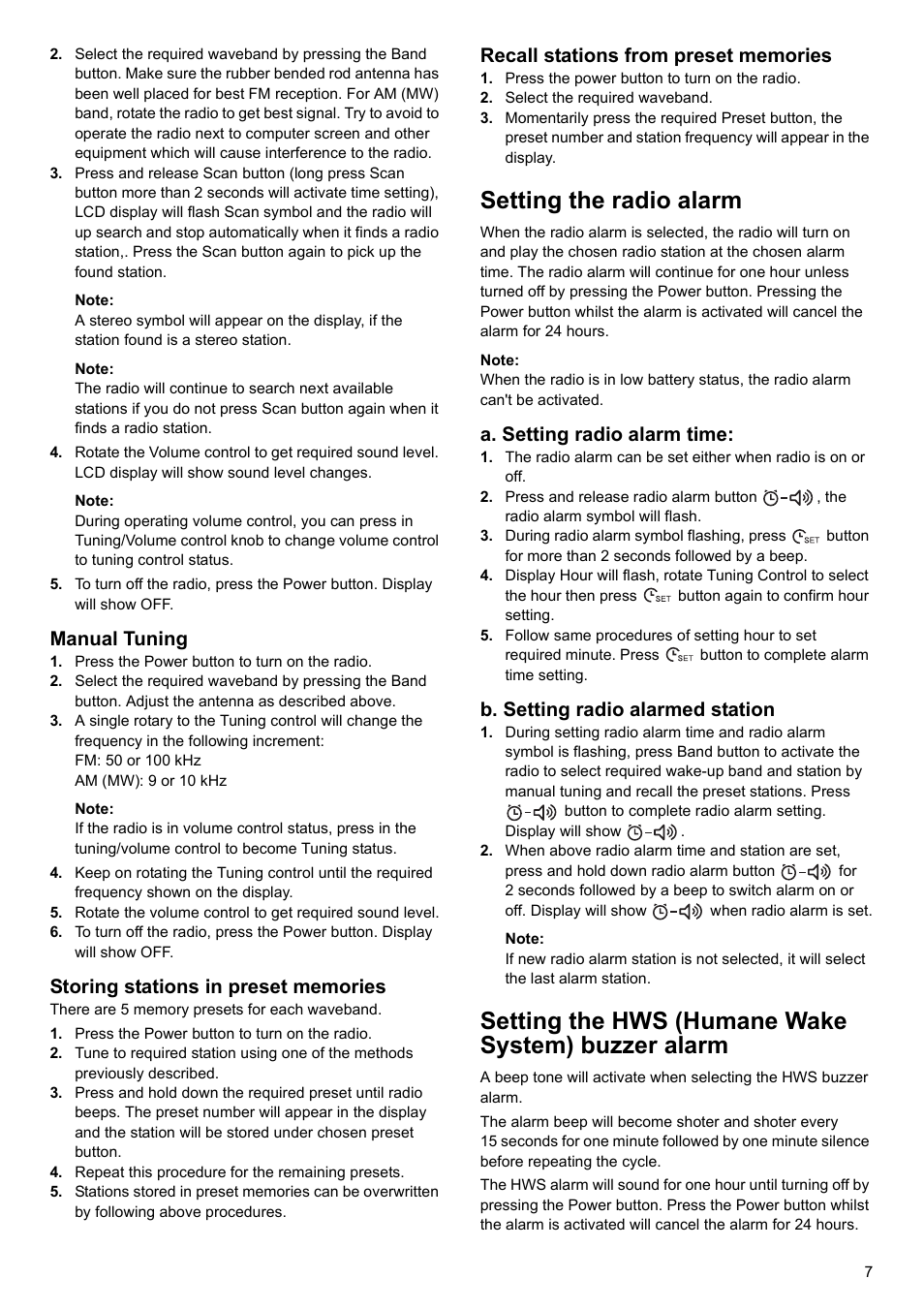 Setting the radio alarm, Setting the hws (humane wake system) buzzer alarm, Manual tuning | A. setting radio alarm time, B. setting radio alarmed station | Makita BMR100 User Manual | Page 7 / 20