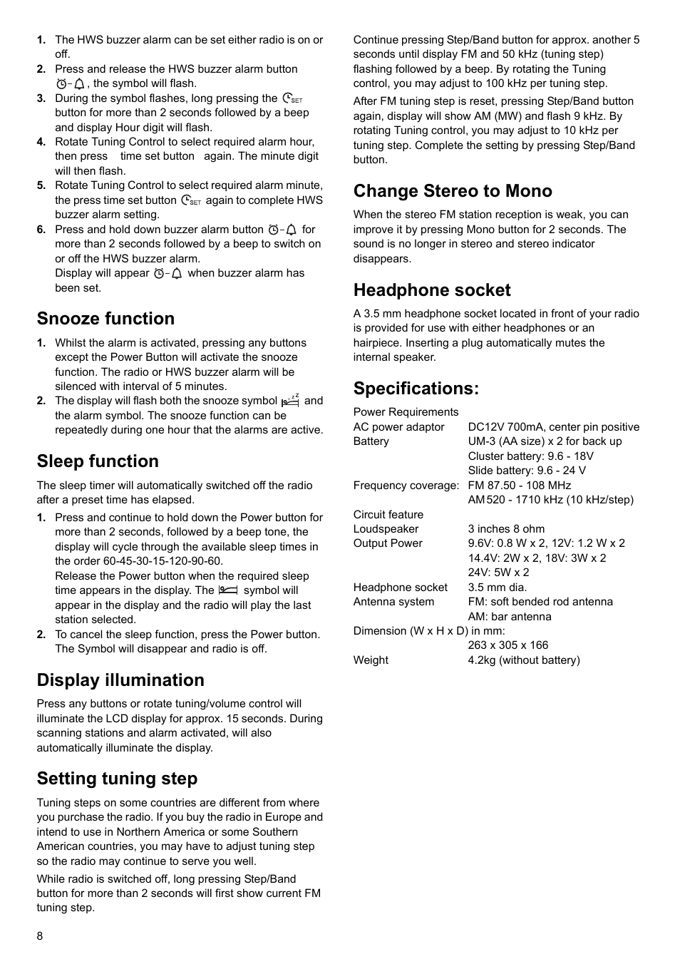Snooze function, Sleep function, Display illumination | Setting tuning step, Change stereo to mono, Headphone socket, Specifications | Makita BMR100 User Manual | Page 8 / 20
