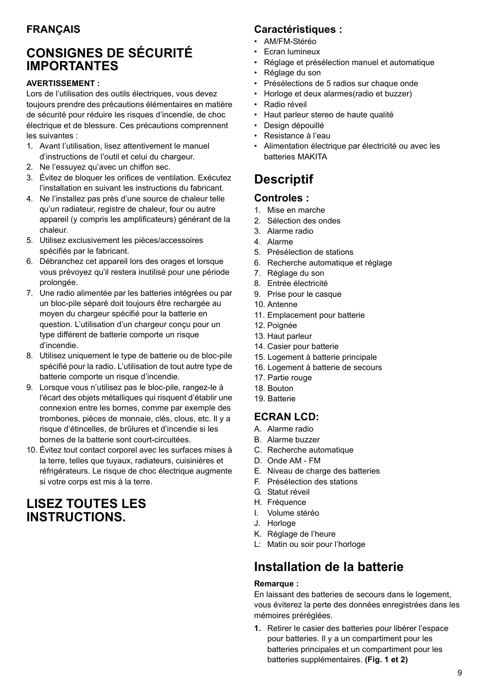 Consignes de sécurité importantes, Lisez toutes les instructions, Descriptif | Installation de la batterie | Makita BMR100 User Manual | Page 9 / 20