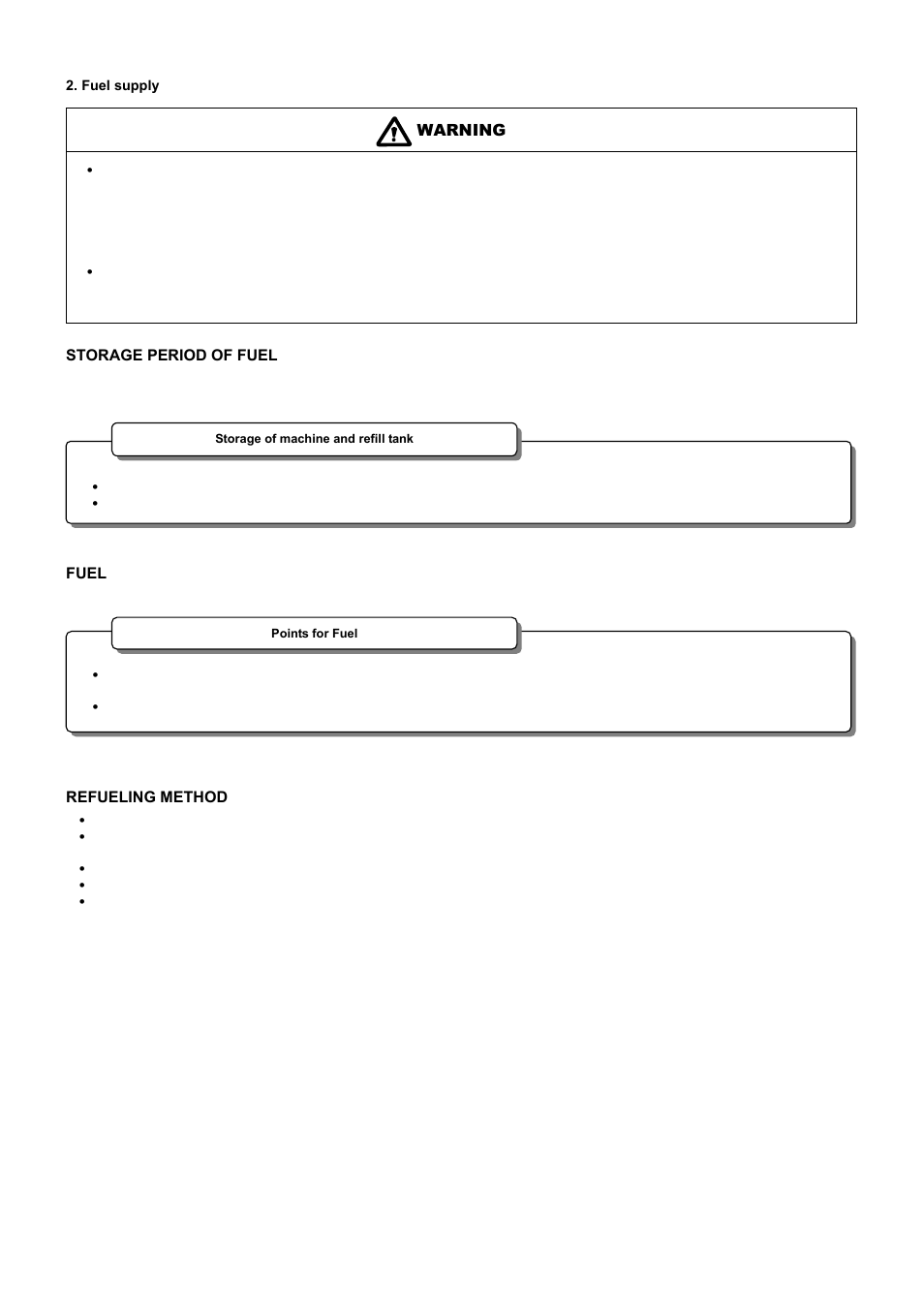 Storage period of fuel, Fuel, Refueling method | Warning | Makita BHX2500 User Manual | Page 10 / 28