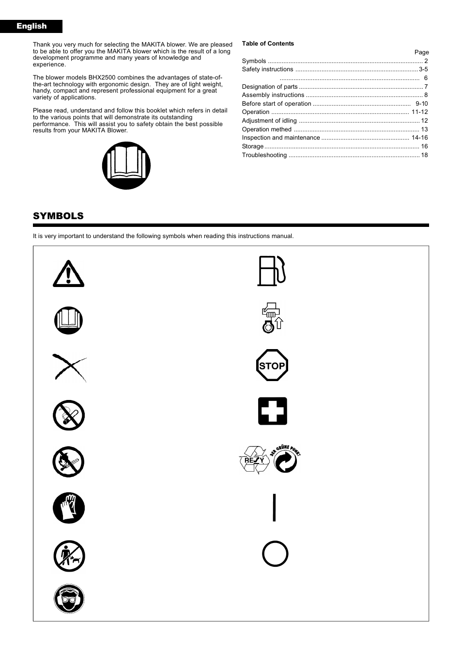 Symbols, English | Makita BHX2500 User Manual | Page 2 / 28