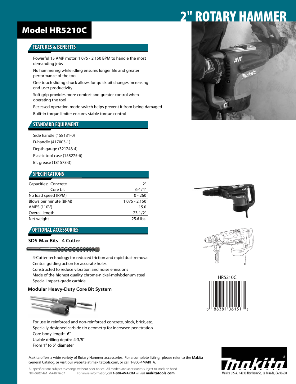 2" rotary hammer, Model hr5210c, Features & benefits | Specifications, Optional accessories | Makita AVT HR5210C User Manual | Page 2 / 2