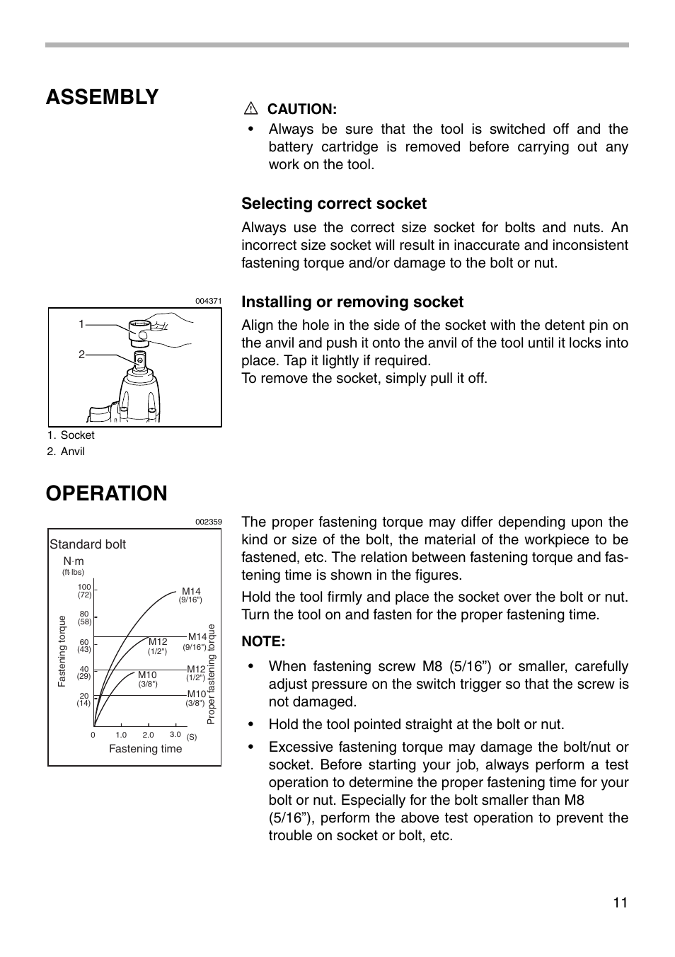 Assembly, Operation, Selecting correct socket | Installing or removing socket | Makita 6918FD User Manual | Page 11 / 20
