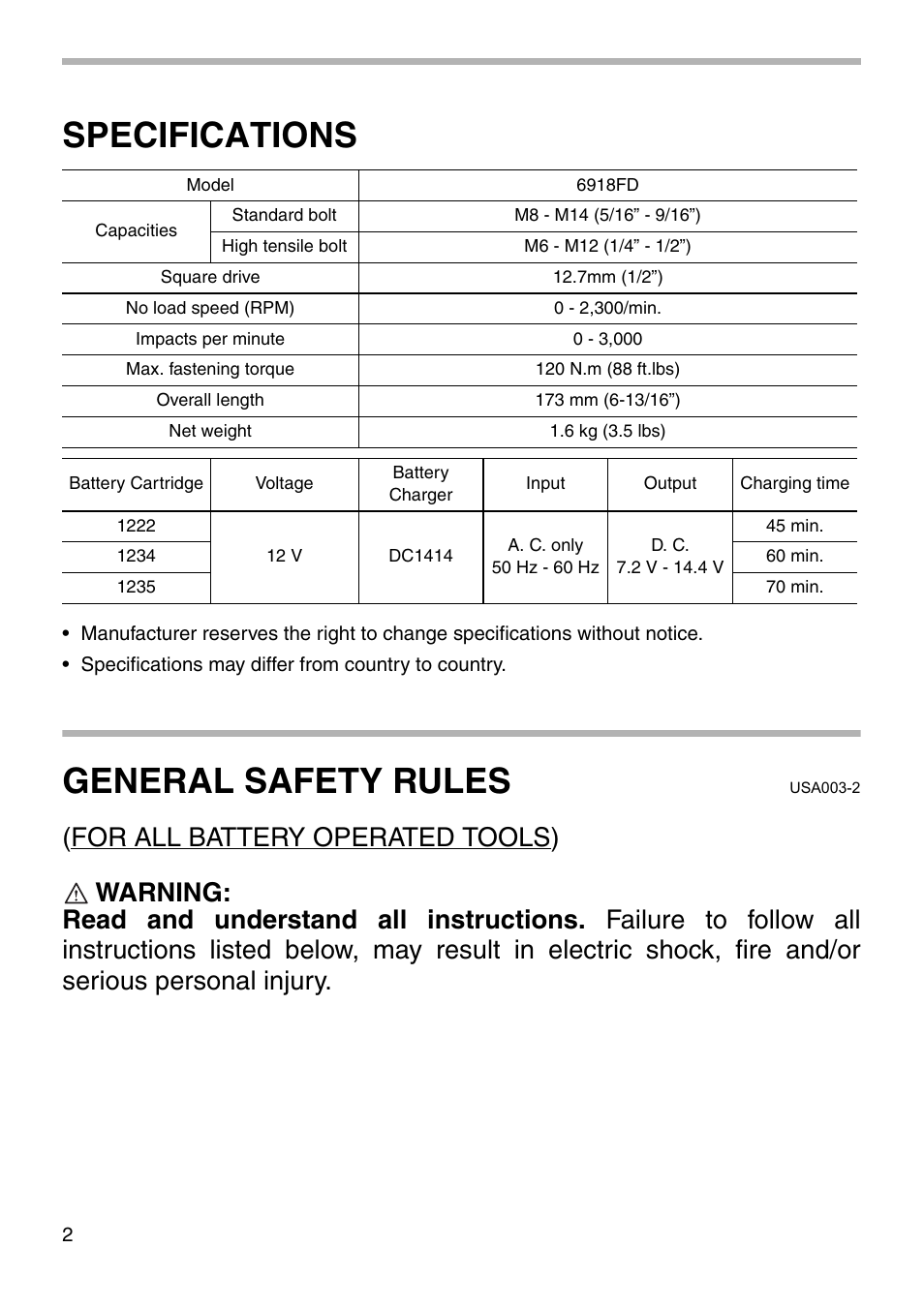 Specifications, General safety rules | Makita 6918FD User Manual | Page 2 / 20