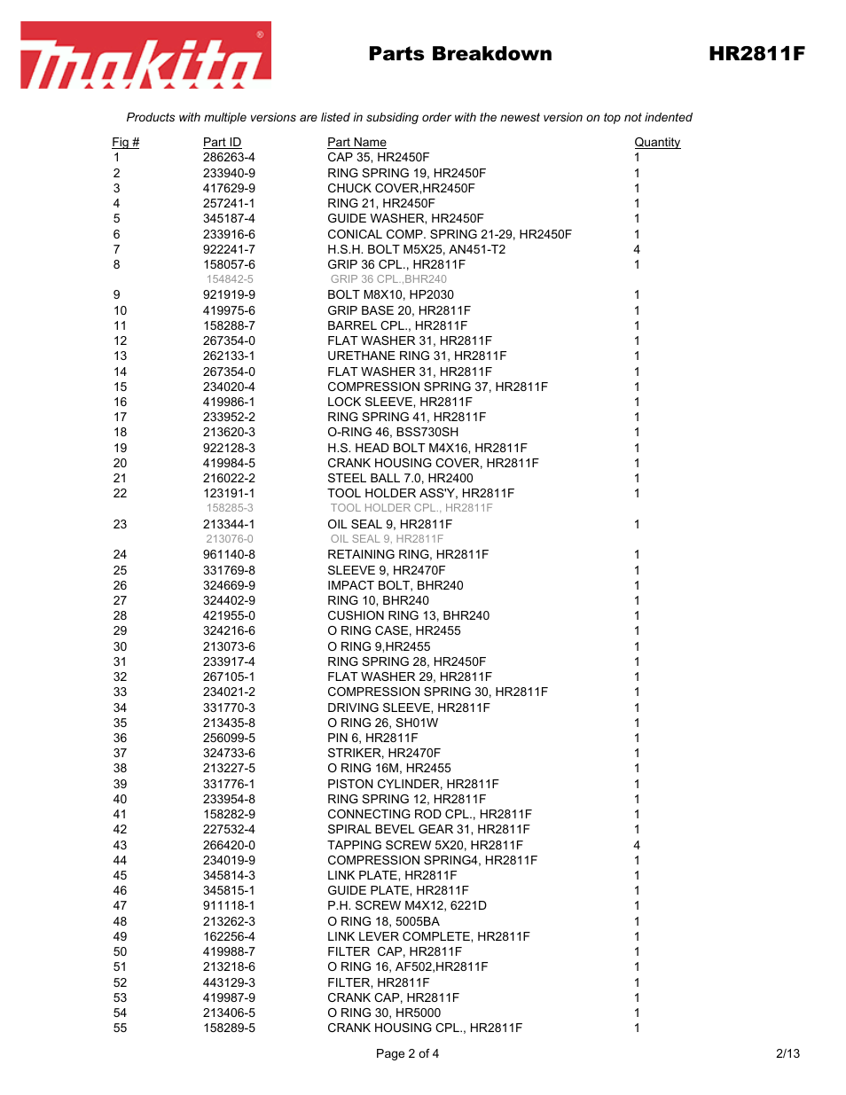 Parts breakdown hr2811f | Makita HR2811F User Manual | Page 2 / 4