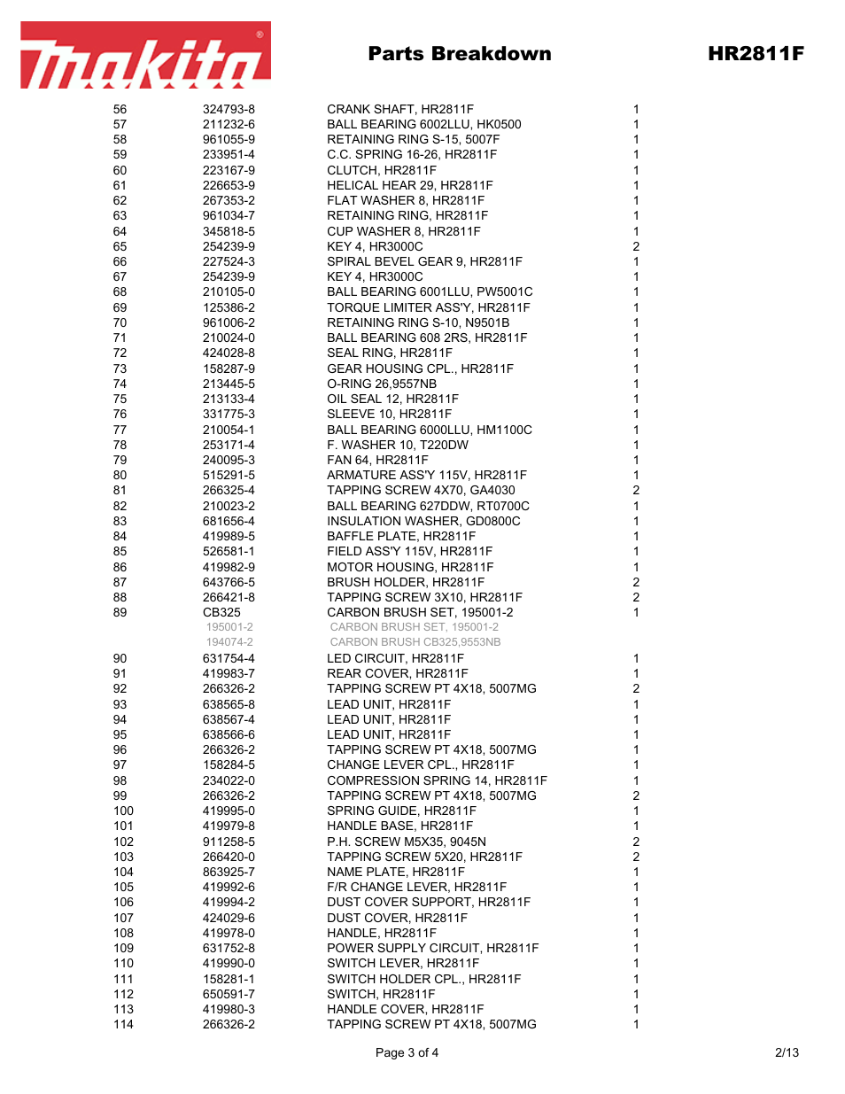 Parts breakdown hr2811f | Makita HR2811F User Manual | Page 3 / 4