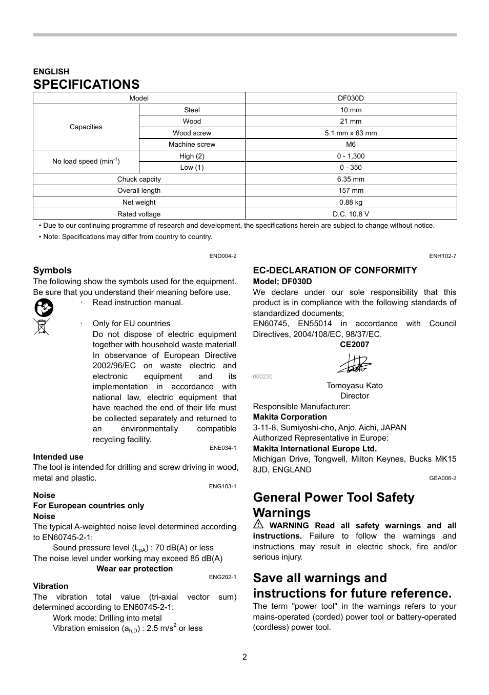 Specifications, General power tool safety warnings, Symbols | Ec-declaration of conformity | Makita DF030D User Manual | Page 2 / 12