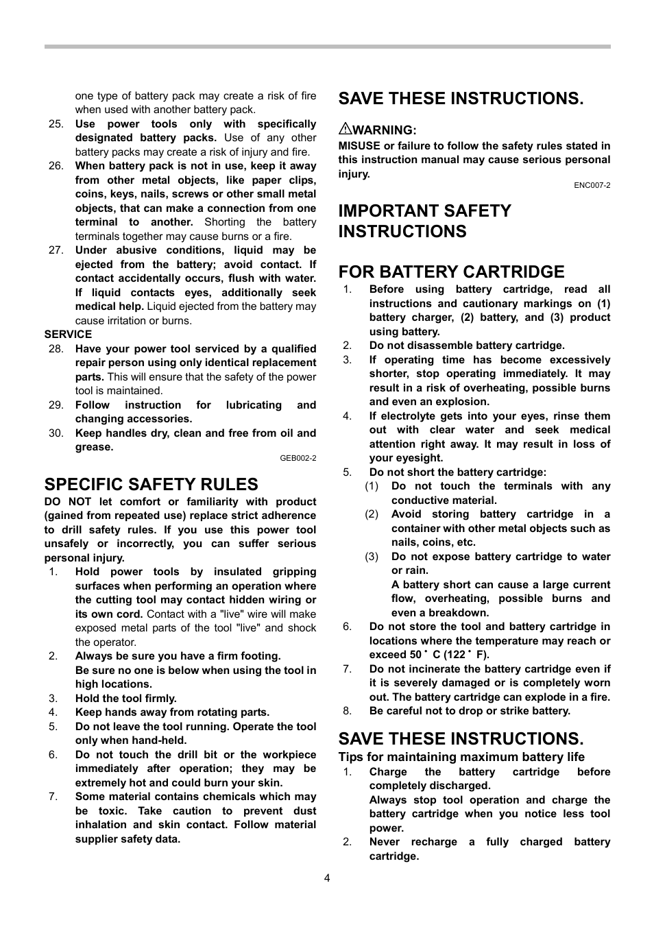 Specific safety rules, Save these instructions, Important safety instructions | For battery cartridge | Makita DF030D User Manual | Page 4 / 12