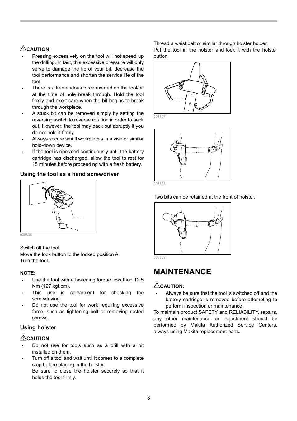 Maintenance, Using the tool as a hand screwdriver, Using holster | Makita DF030D User Manual | Page 8 / 12