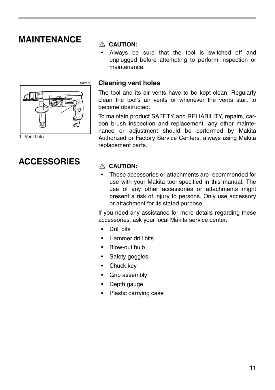 Maintenance, Accessories | Makita HP2040 User Manual | Page 11 / 16