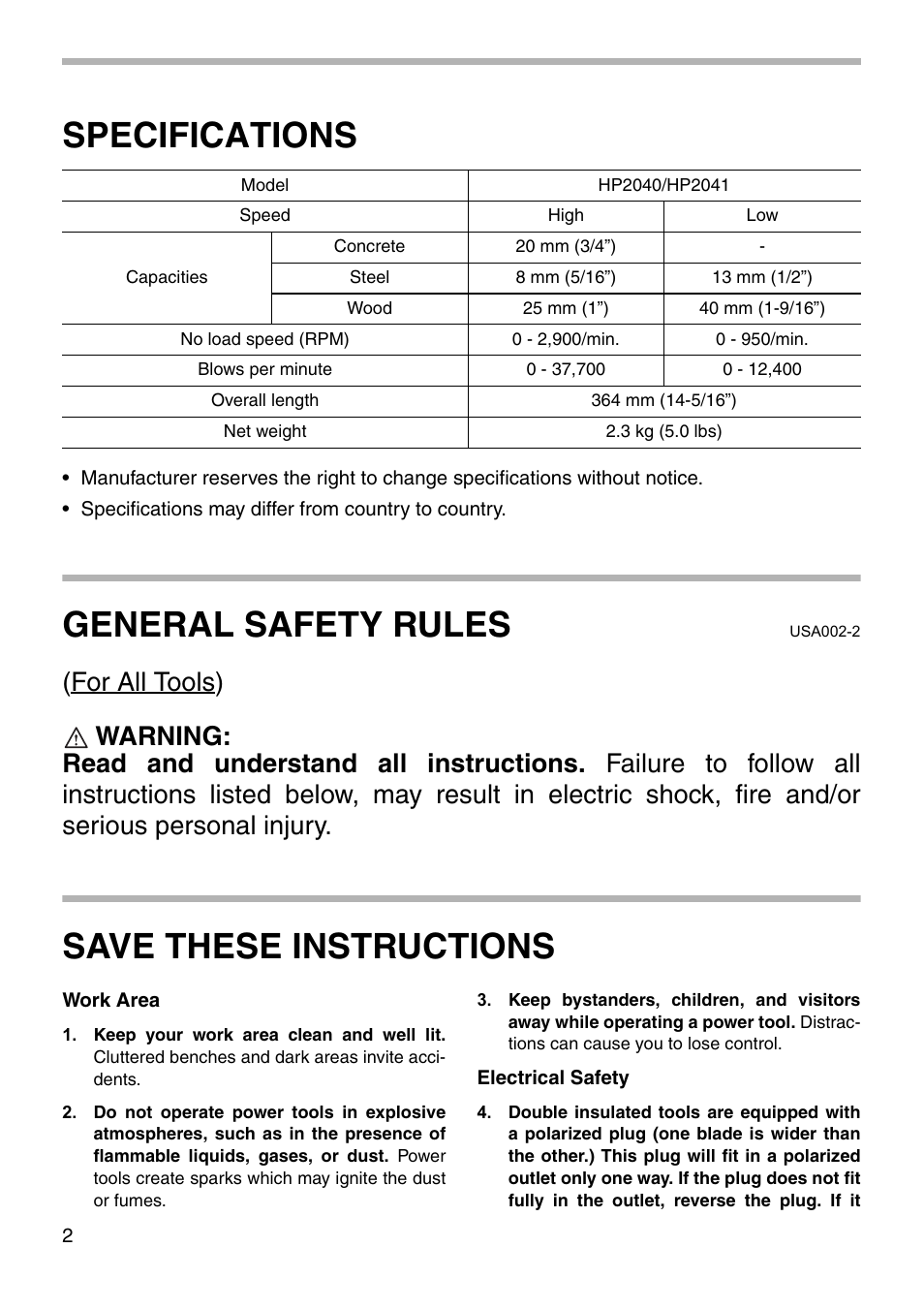 Specifications, General safety rules, Save these instructions | Makita HP2040 User Manual | Page 2 / 16