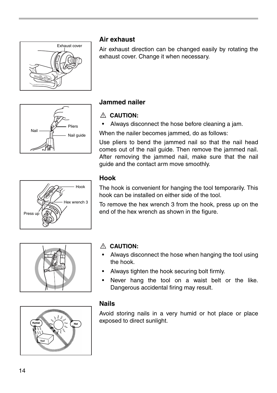 Air exhaust, Jammed nailer, Hook | Nails | Makita AG090 User Manual | Page 14 / 20