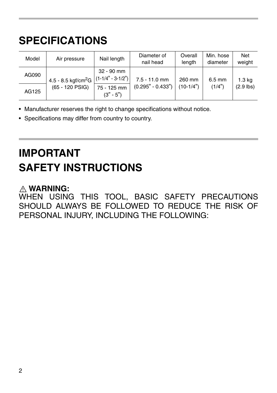 Specifications, Important safety instructions | Makita AG090 User Manual | Page 2 / 20