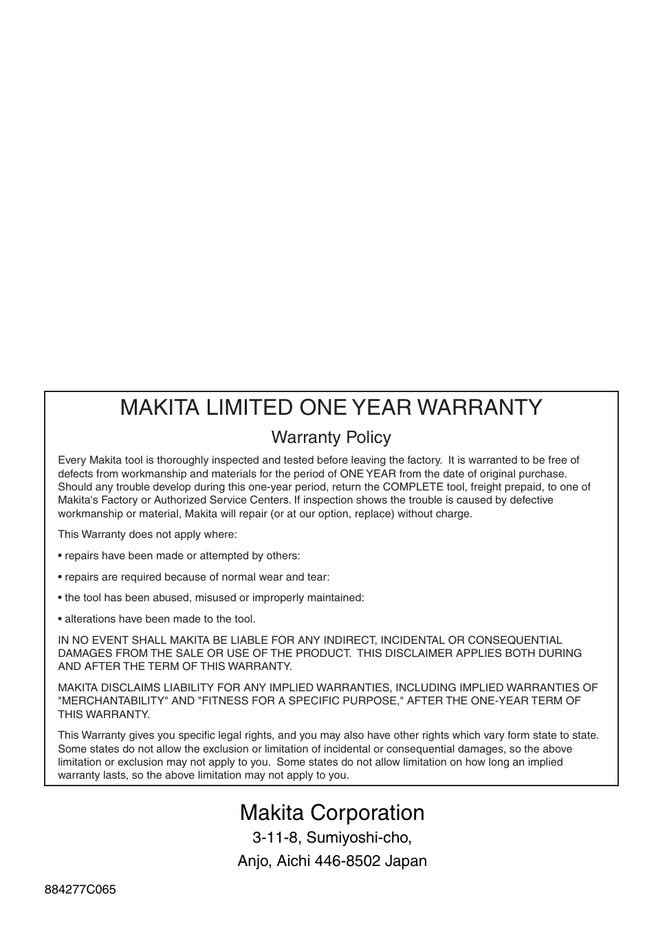 Makita limited one year warranty, Makita corporation, Warranty policy | Makita AG090 User Manual | Page 20 / 20