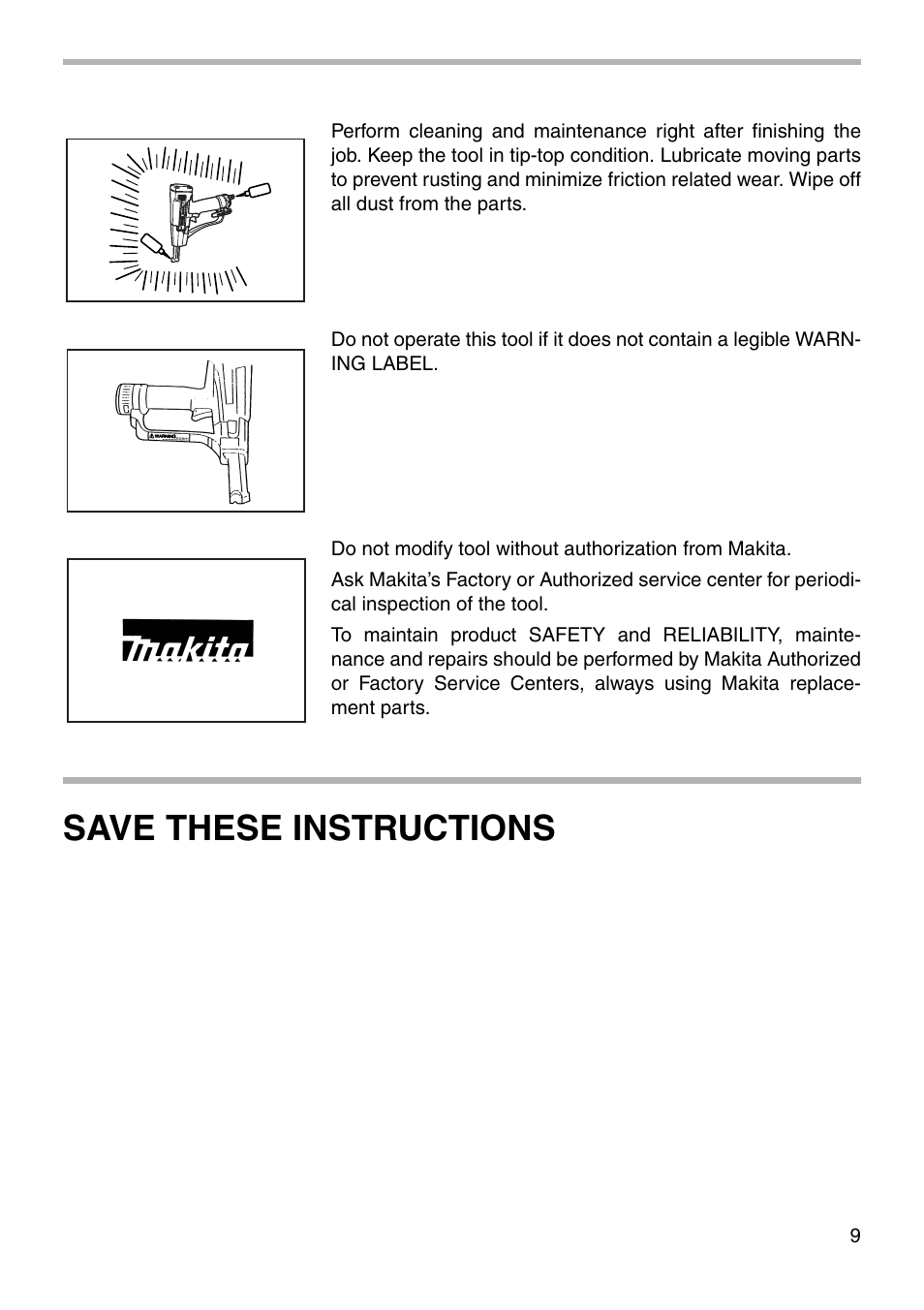 Save these instructions | Makita AG090 User Manual | Page 9 / 20