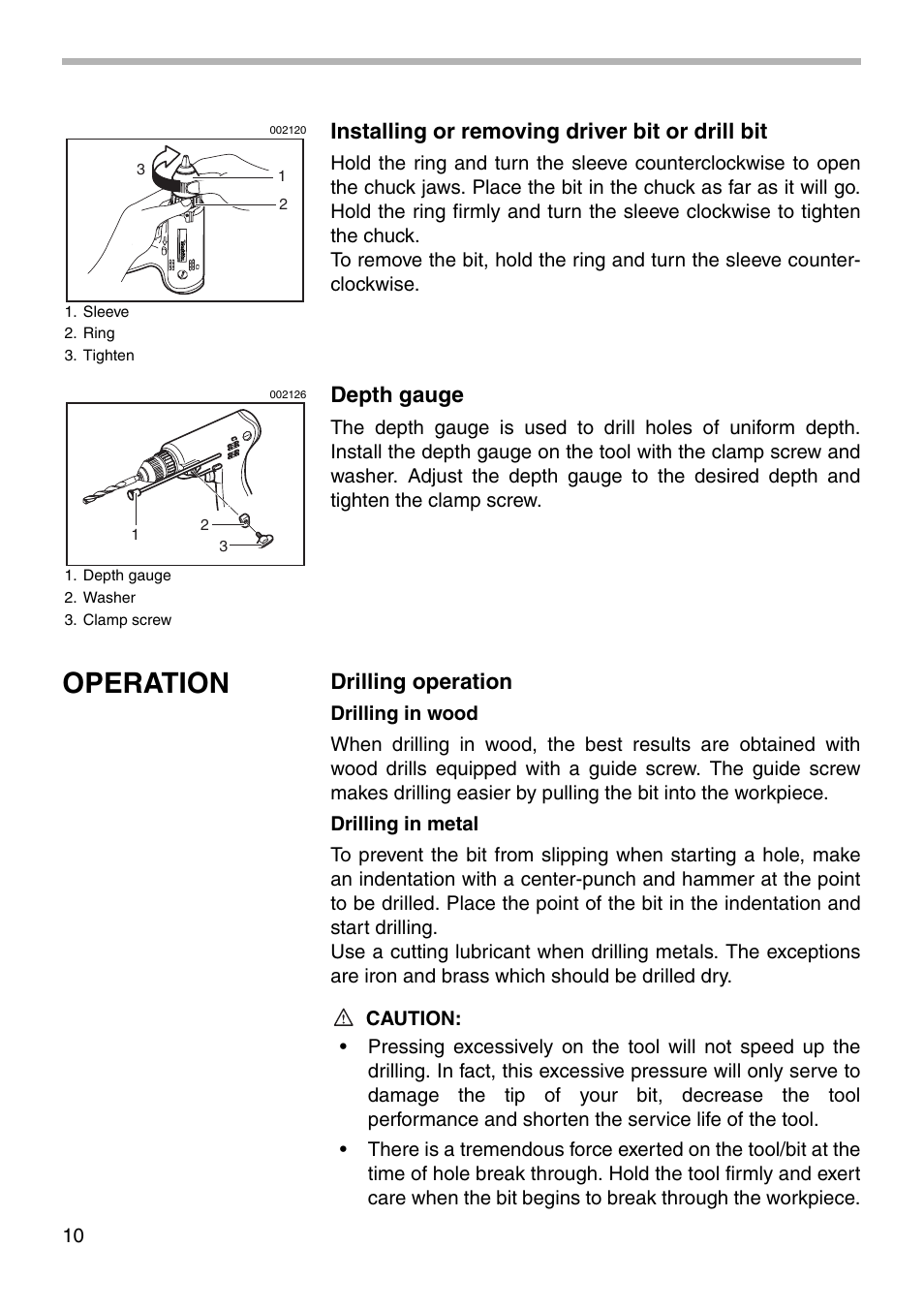 Operation, Installing or removing driver bit or drill bit, Depth gauge | Drilling operation | Makita 6503D User Manual | Page 10 / 16