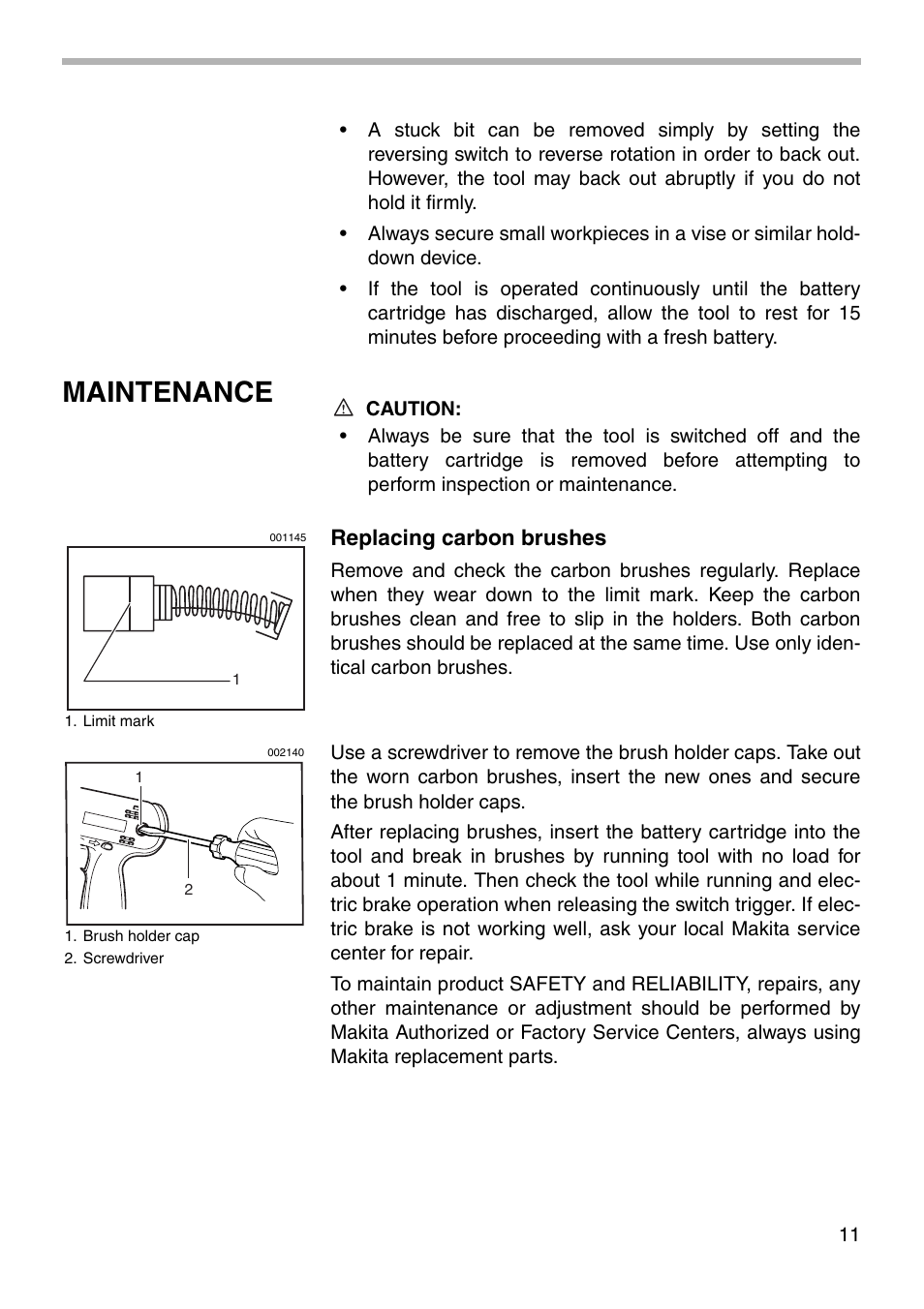 Maintenance, Replacing carbon brushes | Makita 6503D User Manual | Page 11 / 16