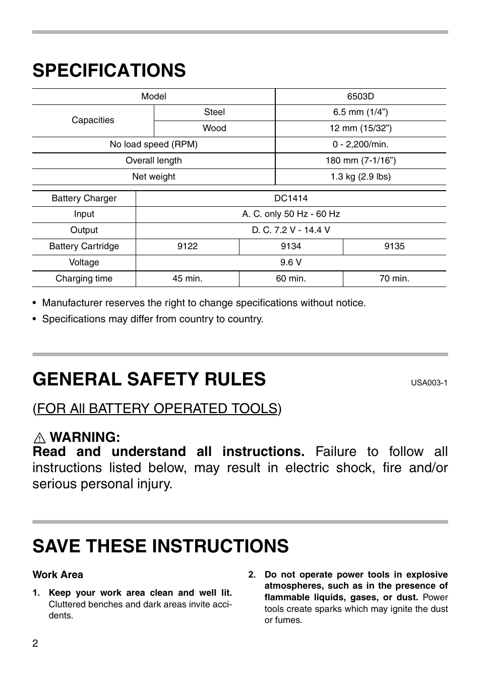 Specifications, General safety rules, Save these instructions | Makita 6503D User Manual | Page 2 / 16