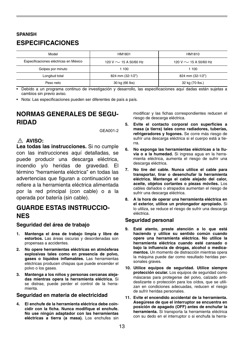 Especificaciones, Normas generales de segu- ridad, Guarde estas instruccio- nes | Seguridad del área de trabajo, Seguridad en materia de electricidad, Seguridad personal | Makita HM1801 User Manual | Page 13 / 20