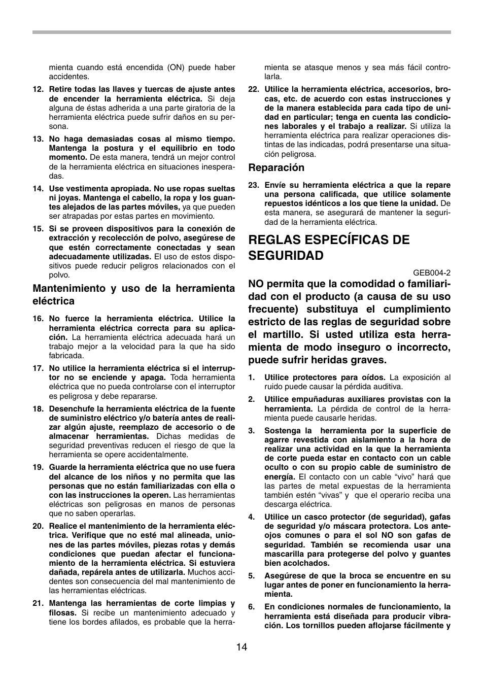 Reglas específicas de seguridad, Mantenimiento y uso de la herramienta eléctrica, Reparación | Makita HM1801 User Manual | Page 14 / 20