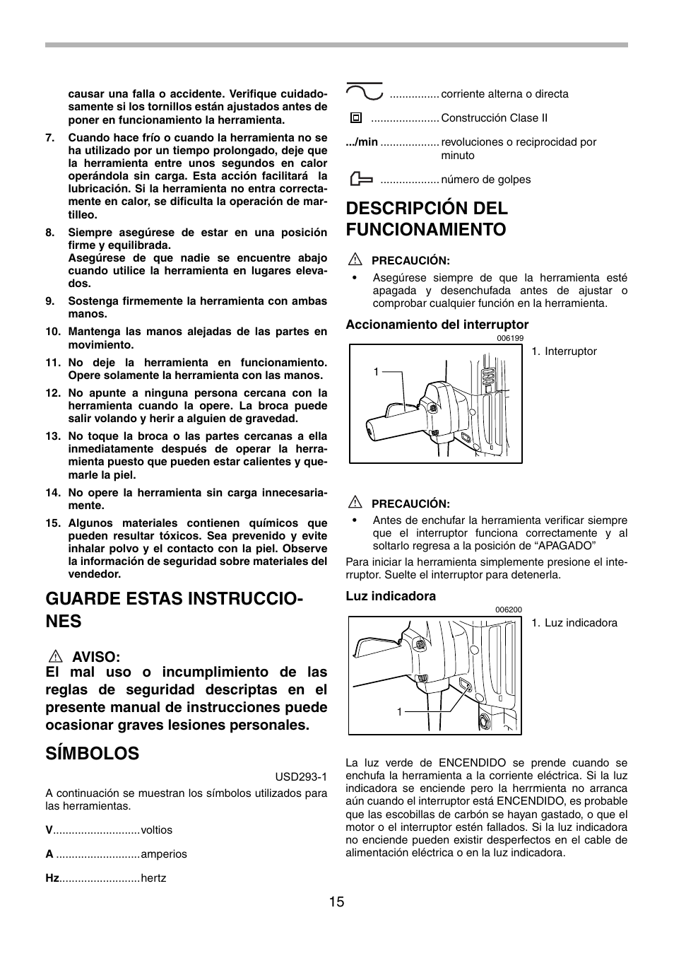 Guarde estas instruccio- nes, Símbolos, Descripción del funcionamiento | Makita HM1801 User Manual | Page 15 / 20
