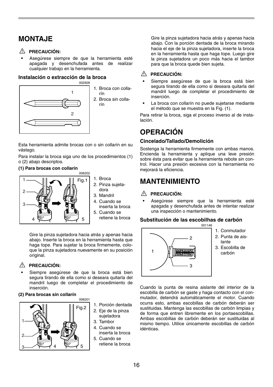 Montaje, Operación, Mantenimiento | Makita HM1801 User Manual | Page 16 / 20
