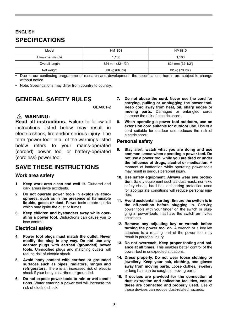 Specifications, General safety rules, Save these instructions | Work area safety, Electrical safety, Personal safety | Makita HM1801 User Manual | Page 2 / 20