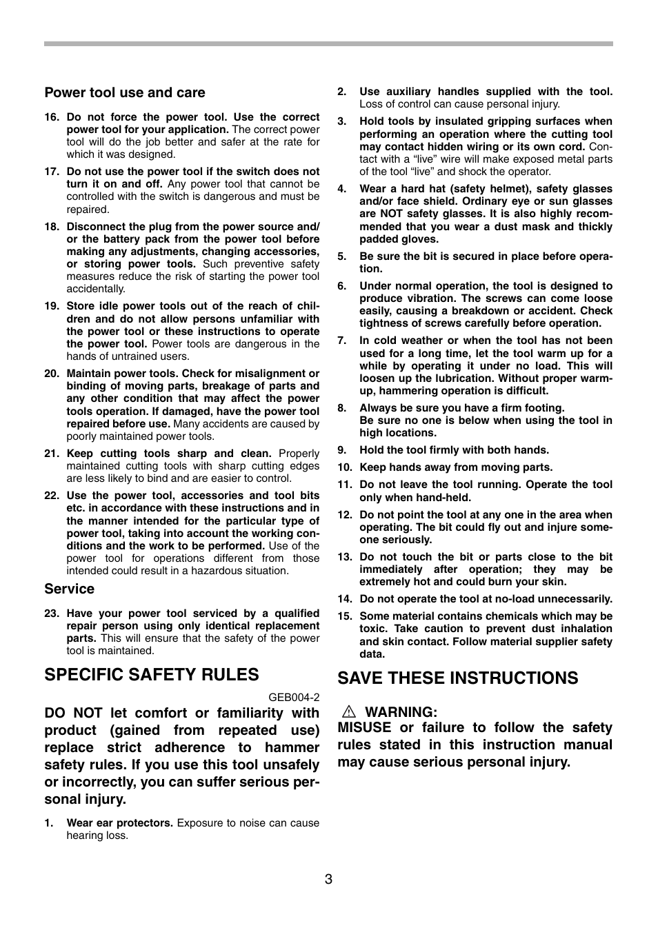 Specific safety rules, Save these instructions, 3power tool use and care | Service | Makita HM1801 User Manual | Page 3 / 20