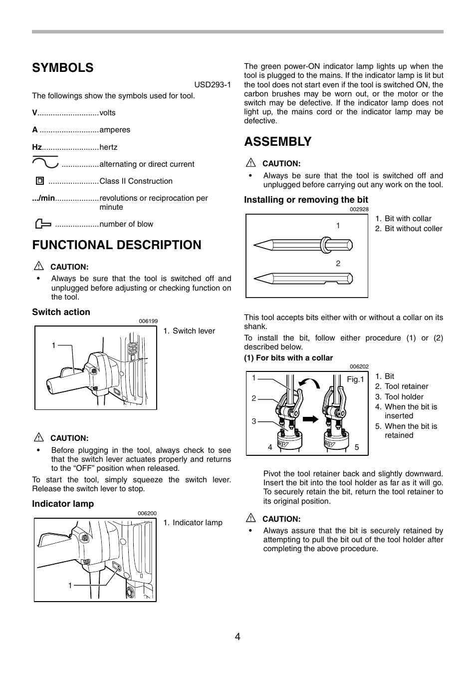 Symbols, Functional description, Assembly | Makita HM1801 User Manual | Page 4 / 20