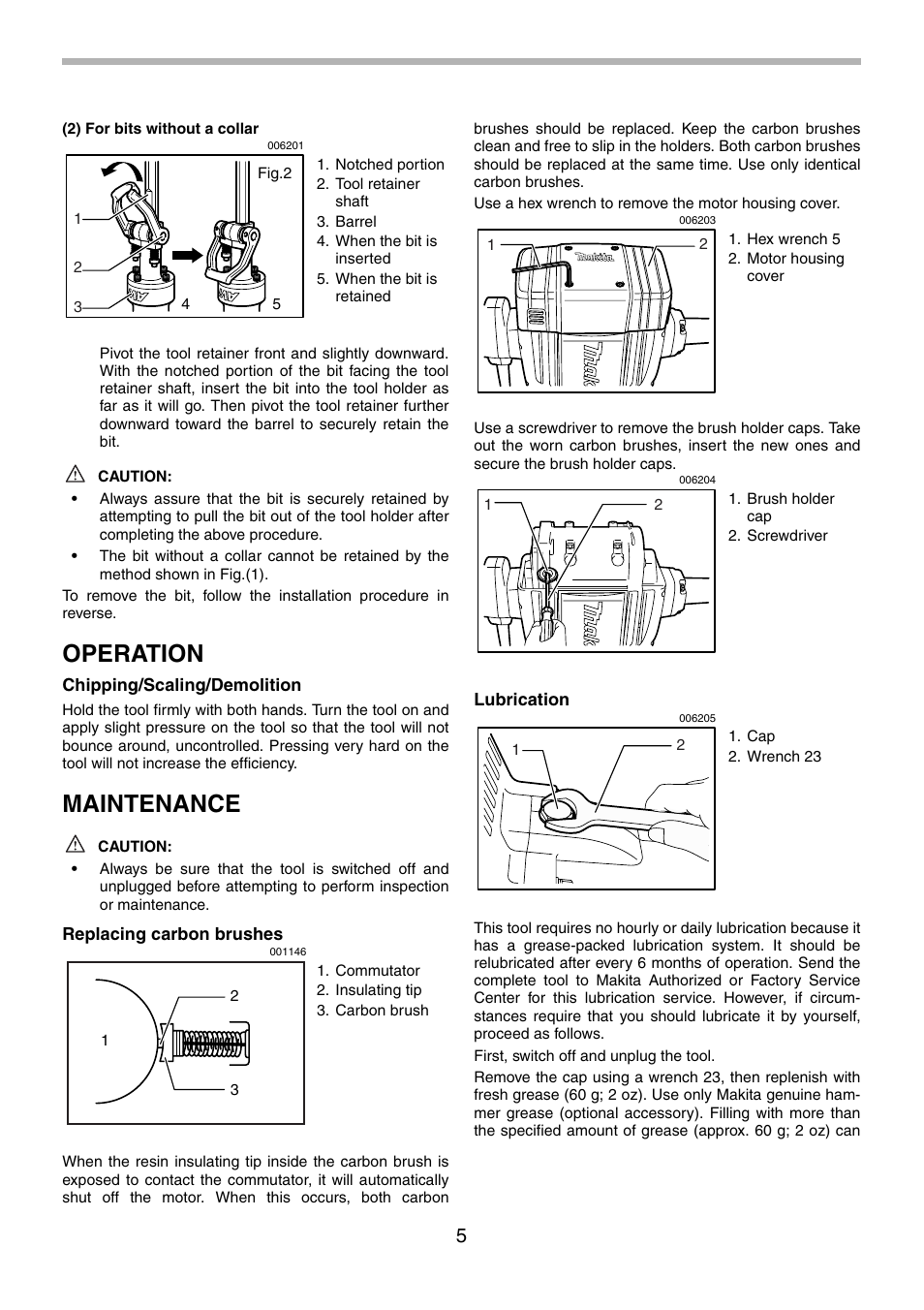Operation, Maintenance | Makita HM1801 User Manual | Page 5 / 20