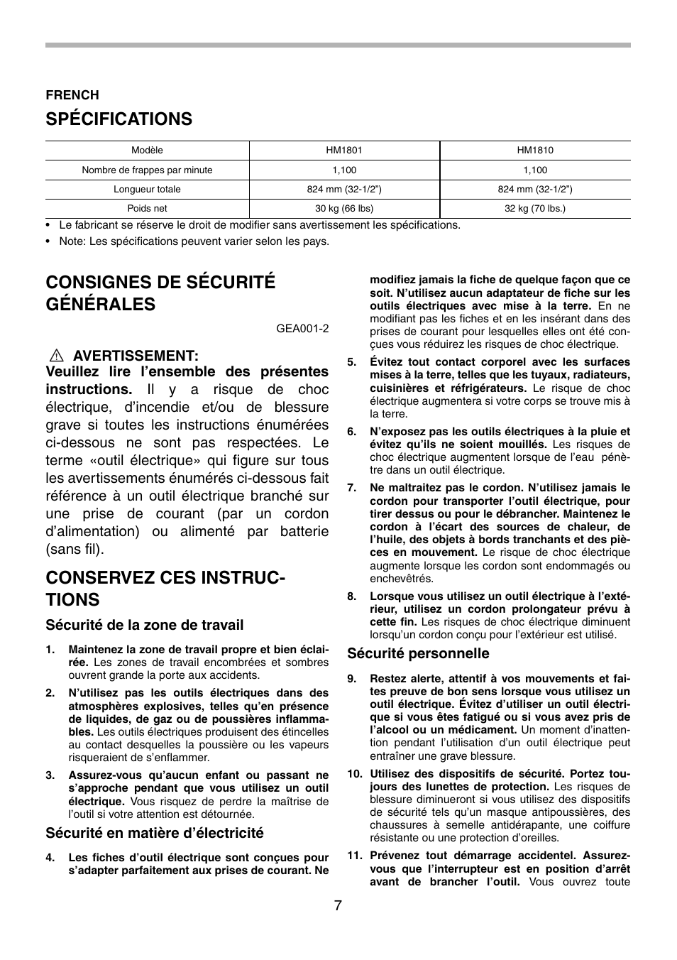 Spécifications, Consignes de sécurité générales, Conservez ces instruc- tions | Sécurité de la zone de travail, Sécurité en matière d’électricité, Sécurité personnelle | Makita HM1801 User Manual | Page 7 / 20