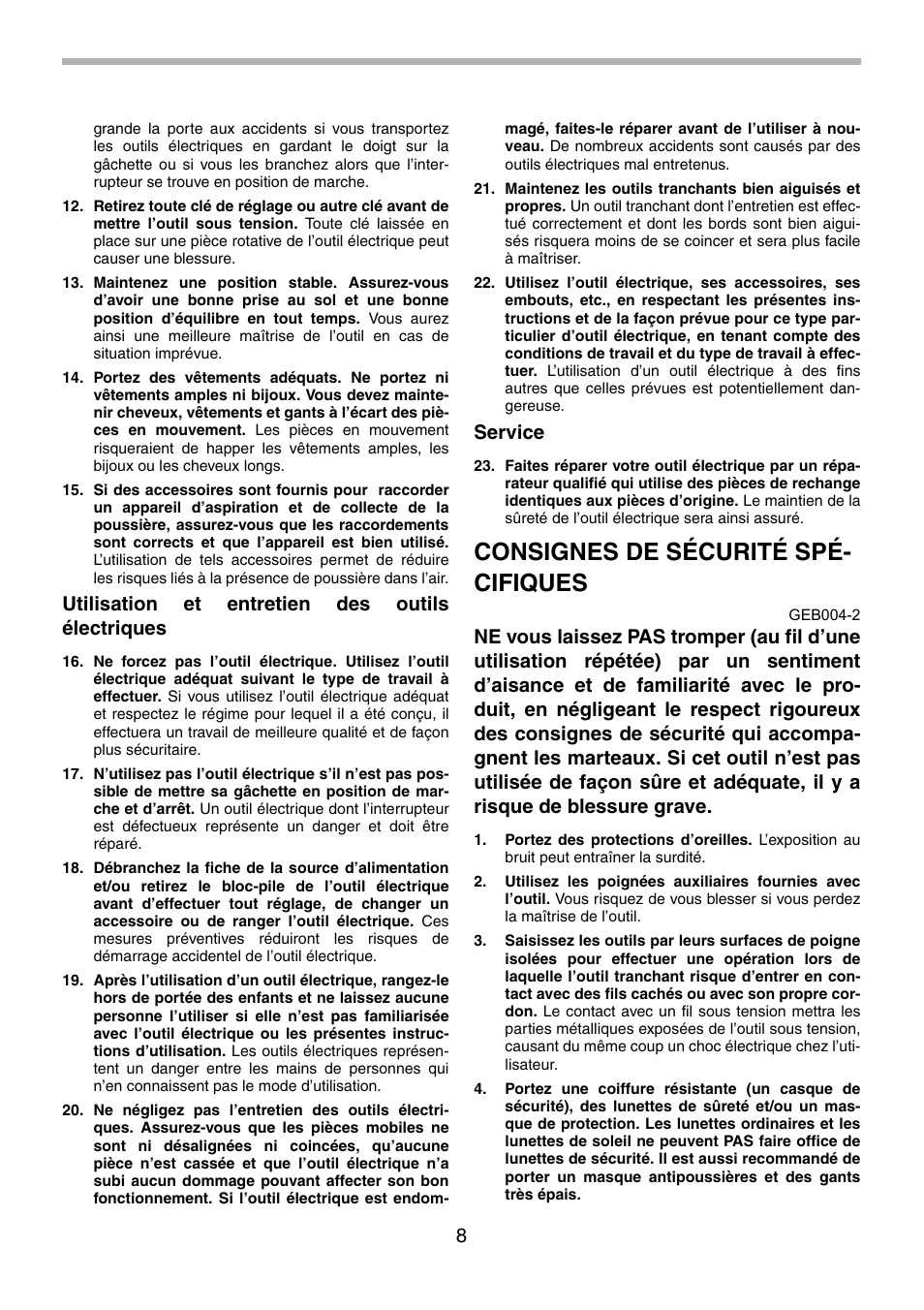 Consignes de sécurité spé- cifiques, Utilisation et entretien des outils électriques, Service | Makita HM1801 User Manual | Page 8 / 20