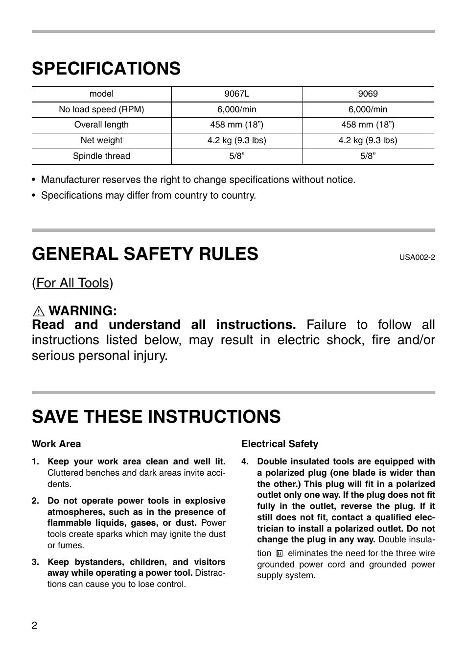 Specifications, General safety rules, Save these instructions | Makita 9067L User Manual | Page 2 / 16