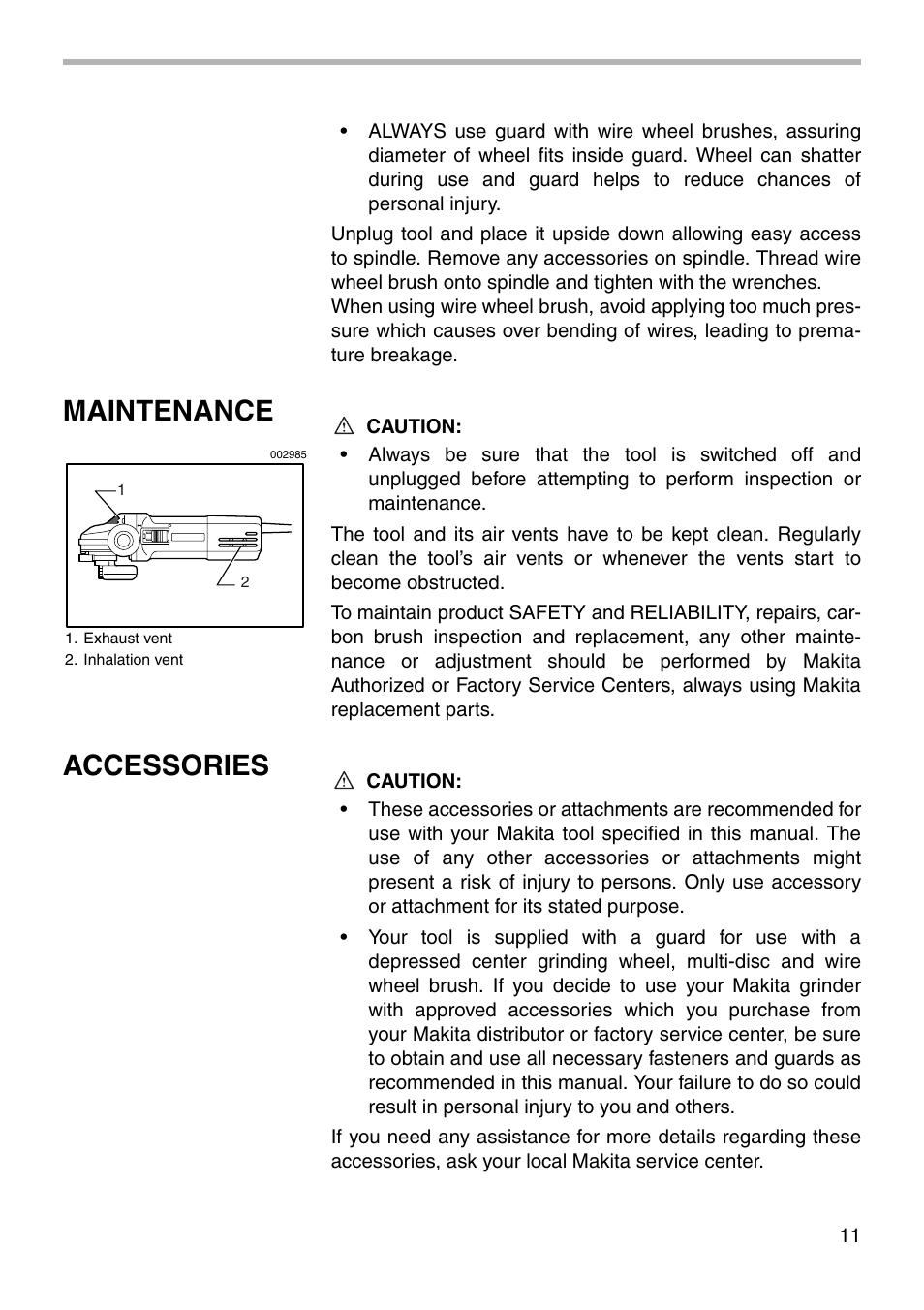 Maintenance, Accessories | Makita 9566CV User Manual | Page 11 / 16