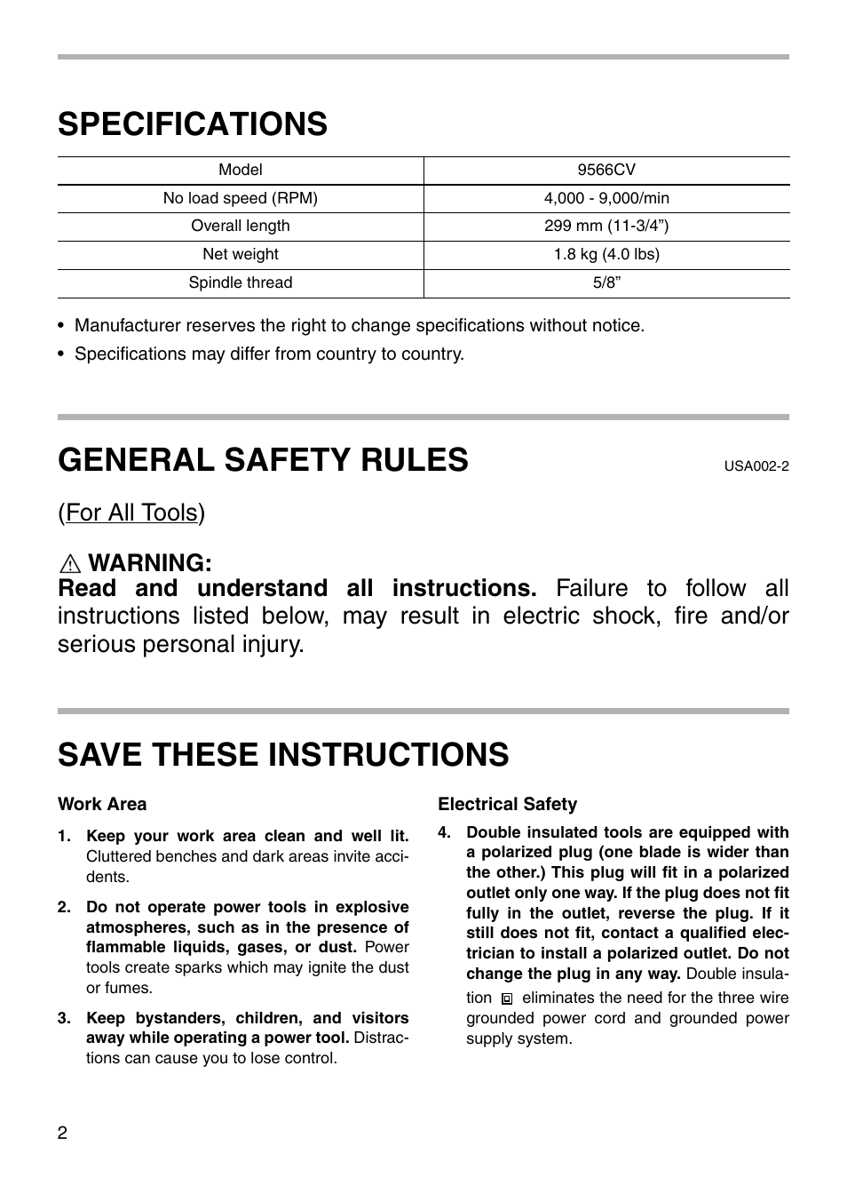 Specifications, General safety rules, Save these instructions | Makita 9566CV User Manual | Page 2 / 16