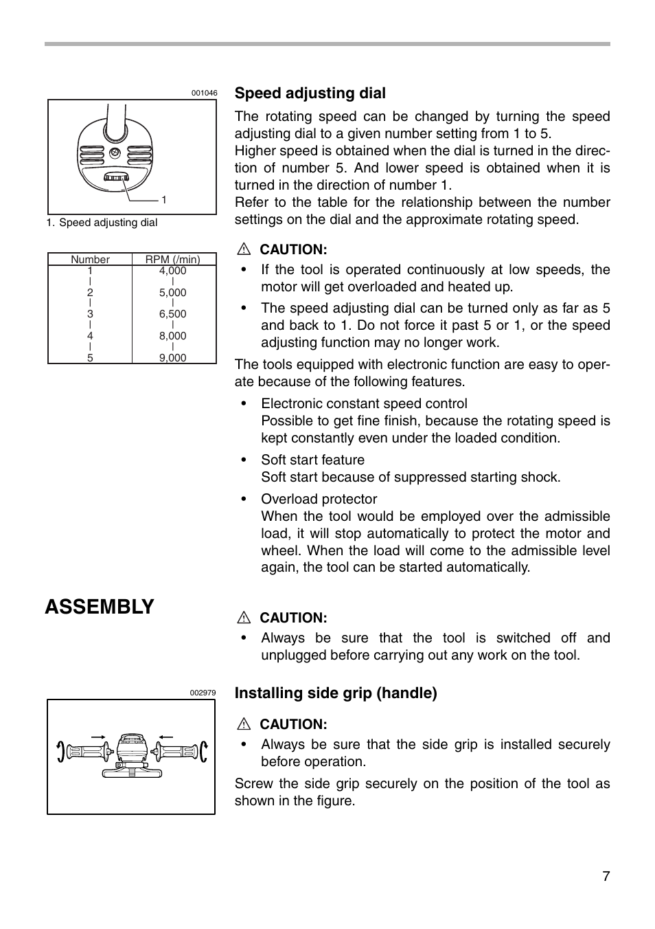 Assembly, Speed adjusting dial, Installing side grip (handle) | Makita 9566CV User Manual | Page 7 / 16